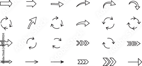 Extensive Set of Outline Hand-Drawn Arrows: Straight, Curved, Cycle, Chevron, and Various Directional Pointers for UI/UX Design.
