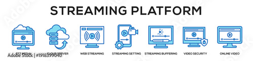 Blue - Streaming Platform web banner icon vector illustration concept for business with icon of ott media, cloud server, web streaming, streaming setting, streaming buffering, video security, online.