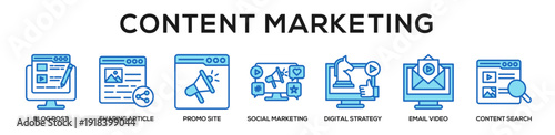 Blue - Content Marketing web banner icon vector illustration concept for business with icon of blog post, sharing article, promo site, social marketing, digital strategy, email video, content.