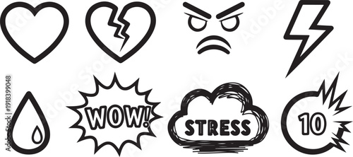 Set of Bold Black Emotional and Concept Icons: Heart, Broken Heart, Angry Face, Lightning, Tear, "Wow!", "Stress" and "10" Burst.