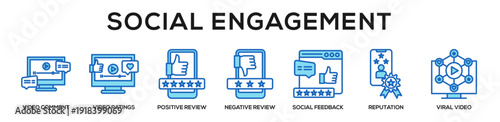 Blue - Social Engagement web banner icon vector illustration concept for business with icon of video comment, video ratings, positive review, negative review, social feedback, reputation, viral.