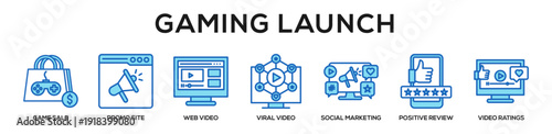 Blue - Gaming Launch web banner icon vector illustration concept for business with icon of game sale, promo site, web video, viral video, social marketing, positive review, video.