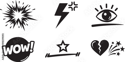 Set of Bold Black Emotive Icons: Explosion, Angry Lightning, Eye, "Wow!" Speech Bubble, Broken Heart and Star Symbol for Graphic Design.
