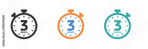 3 Minutes Timer icon, vector countdown and stopwatch illustration representing short time duration, isolated on white background, perfect for apps, websites, infographics, productivity tools, and digi