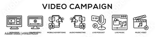 Line - Video Campaign web banner icon vector illustration concept for business with icon of web video, online video, mobile advertising, audio marketing, live podcast, live music, music.