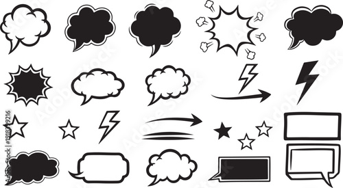 Assortment of hand-drawn black doodles including comic style speech bubbles, stars, lightning bolts, and rectangular shapes on white.