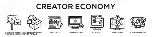 Line - Creator Economy web banner icon vector illustration concept for business with icon of travel vlog, unboxing video, food blog, sharing video, blog post, viral video, social.