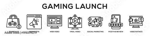 Line - Gaming Launch web banner icon vector illustration concept for business with icon of game sale, promo site, web video, viral video, social marketing, positive review, video.
