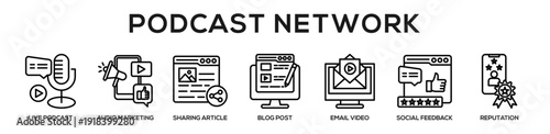 Line - Podcast Network web banner icon vector illustration concept for business with icon of live podcast, audio marketing, sharing article, blog post, email video, social feedback,.