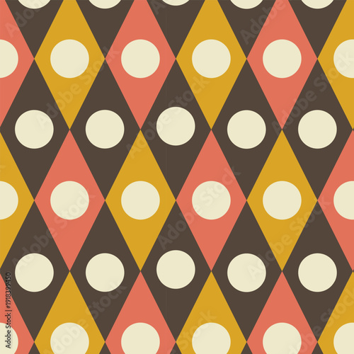 Mid Century white Circles on harlequin diamonds seamless pattern in mustard yellow and terracotta on taupe background. For wallpaper, branding and web backgrounds