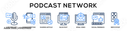 Linecolor - Podcast Network web banner icon vector illustration concept for business with icon of live podcast, audio marketing, sharing article, blog post, email video, social feedback,.