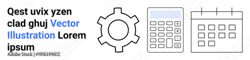 Gear symbolizing process, calculator for calculations, and calendar for planning. Ideal for productivity, workflow, time management, strategy development, business, organization simple landing page