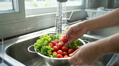 Hands washing fresh vegetables under running tap water in kitchen sink