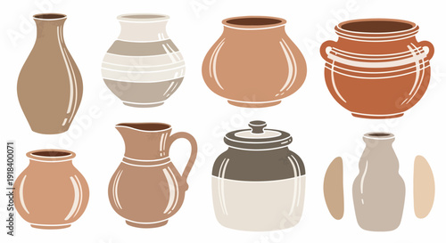 白い背景に、素朴な色合いと多様な形状を持つ手作りの陶器やセラミック製の壺、花瓶、ピッチャーのイラストセット。