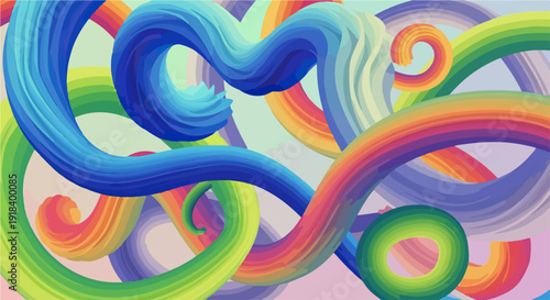 鮮やかなグラデーションカラーの3D抽象的な流れるような渦巻きが複雑に絡み合い、ダイナミックで現代的な視覚的背景を形成する、活気に満ちたデジタルアート。