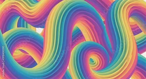 鮮やかな虹色の波状曲線が流れるように絡み合い、現代的で活気に満ちた抽象デザインの背景を形成する3Dレンダリング。創造性や多様性を表現するデジタルアート作品。