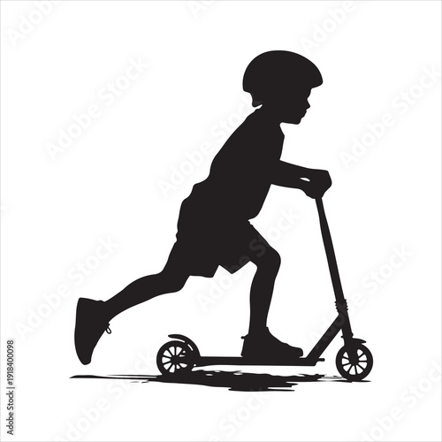 A silhouette of a young boy happily riding a scooter, Boy Riding Scooter Silhouette vector illustration