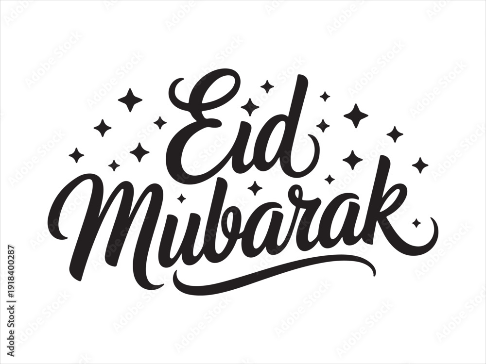 Fototapeta premium Eid Mubarak Calligraphy Typography Design, Eid Mubarak hand lettering typography with stars isolated on white background