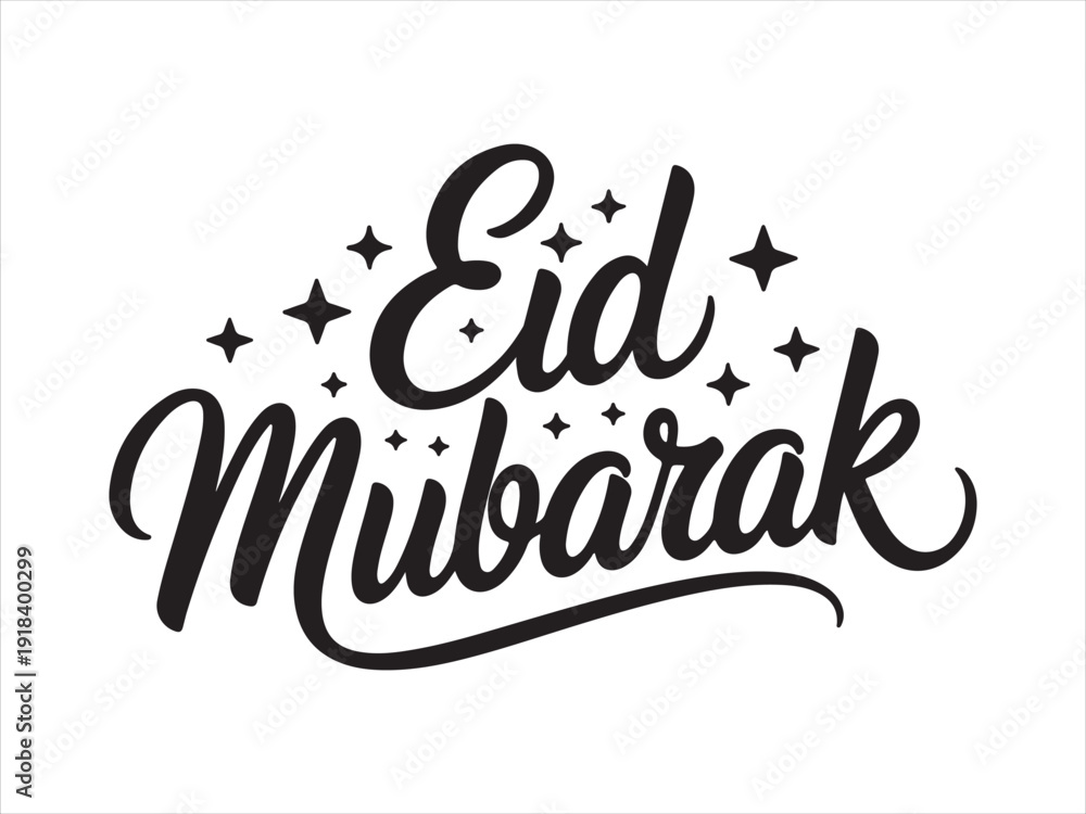 Fototapeta premium Eid Mubarak Calligraphy Typography Design, Eid Mubarak hand lettering typography with stars isolated on white background