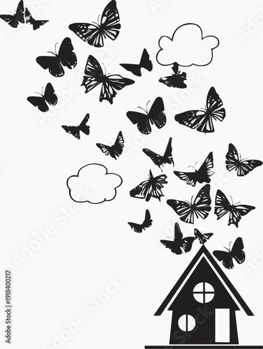 Surreal black and white vector of butterflies emerging from a house silhouette.