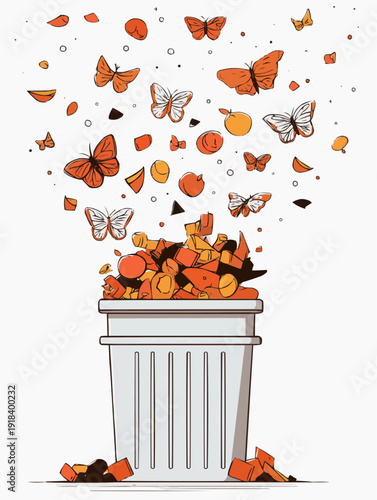 Surreal vector illustration of butterflies emerging from an overflowing compost bin
