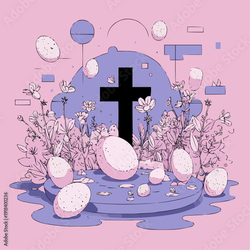 Modern flat vector illustration of a Christian cross, Easter eggs, and flowers in a surreal pastel garden.
