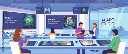 Modern AI art generation studio flat vector illustration with digital artists using tablets and large screens displaying creative prompts and generated artwork in a high-tech workspace.