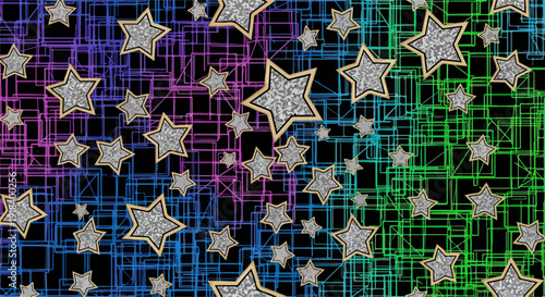 キラキラと輝く金色の縁取りの星々が、青、紫、緑の虹色の抽象的な線が交差する背景に散りばめられた、祝祭的で魔法のようなイメージ。