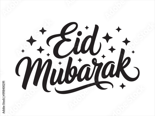 Eid Mubarak Calligraphy Typography Design, Eid Mubarak hand lettering typography with stars isolated on white background