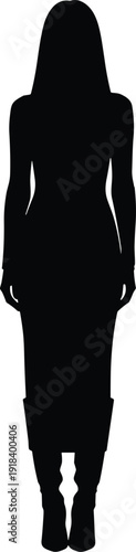 Silhouette of woman standing in long dress and boots, elegant female figure for fashion design concepts, minimalist vector artwork, modeling illustration, lifestyle graphics.