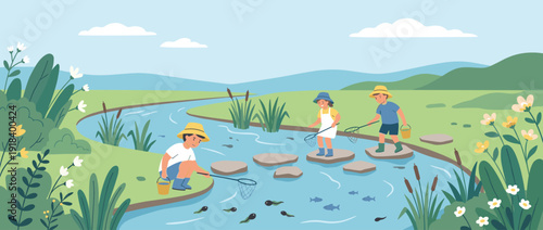 Flat Vector Illustration of Happy Children Catching Tadpoles and Small Fish in a Scenic Spring Creek with Stepping Stones, Lush Green Hills, Wildflowers, and Reeds for Outdoor Nature Exploration