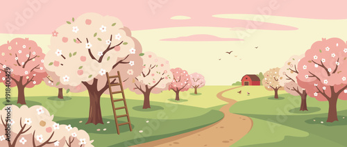 Flat vector illustration of a beautiful spring orchard in full bloom with pink and white fruit trees, a rustic wooden ladder, a winding path leading to a red barn under a soft pastel sunset sky.