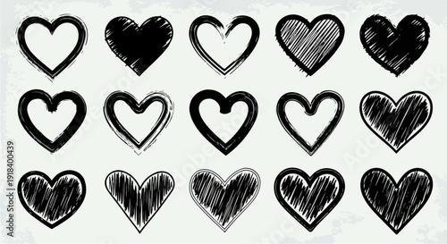 愛と感情を象徴する、手書き風の様々なハートマークが並ぶコレクション。バレンタインデーやウェディングデザインに最適なグラフィック素材です。
