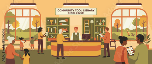 Flat vector illustration of a modern community tool library where diverse people borrow shared equipment like drills, saws, and garden tools for DIY home repair and sustainable green living.