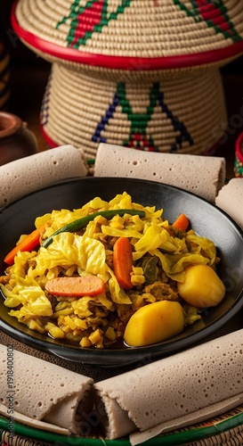 Traditional Ethiopian vegetable stew Atkilt Wat with injera bread.