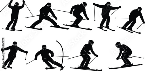 Skier silhouette set showing dynamic downhill skiing poses with poles and helmet isolated on white background for winter sport and alpine activity design