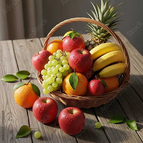 Basket of Fresh Fruits on a Wooden Table, Healthy Eating.