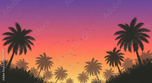 Tropical sunset scene with silhouetted palm trees against vibrant purple pink and orange gradient sky