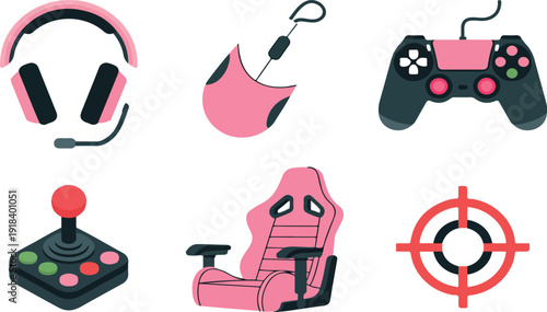 Gaming Equipment Icon Set – Headset, Controller, Mouse, Chair and Crosshair