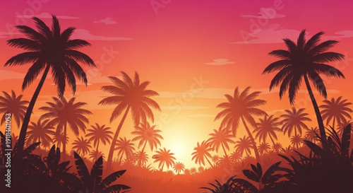 Tropical sunset with silhouetted palm trees against vibrant pink and orange sky with warm sunlight