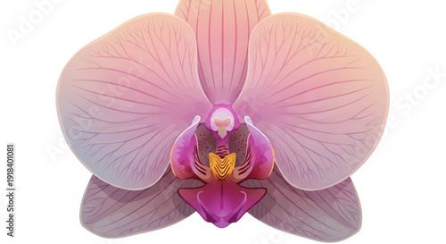 Close up of a pink orchid flower with yellow center delicate petals and soft lighting on white background