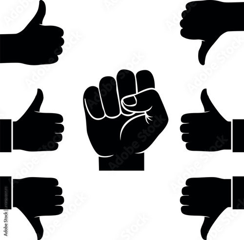 Black silhouettes of hands displaying different gestures of approval and dissent