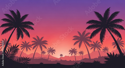 Tropical landscape with palm trees silhouetted against vibrant purple and pink sunset sky serene atmosphere mountains in background
