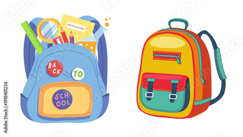 Colorful school backpacks and student bags vector set. Cute flat illustrations of rucksacks with school supplies, books, and water bottles for back to school concept. Isolated on white.