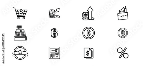 Black and white icons set featuring silhouette symbols for business and finance