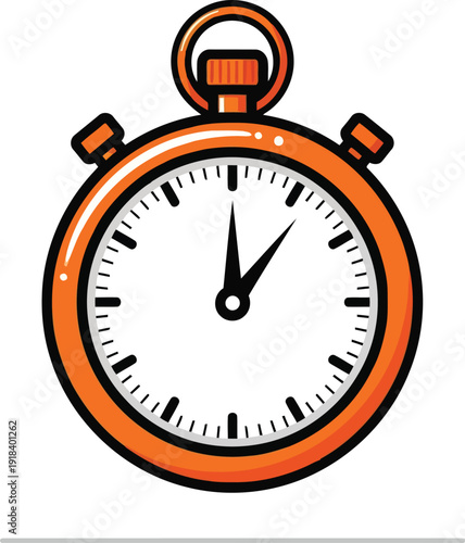 Orange stopwatch illustration with black hands and markers isolated on a white background.