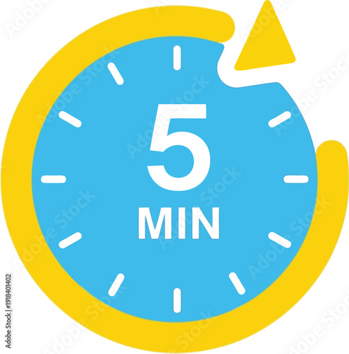 Blue and yellow five minute timer symbol for countdown or duration tracking.