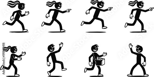 Funny stick figure motion icons set showing running jumping pointing waving