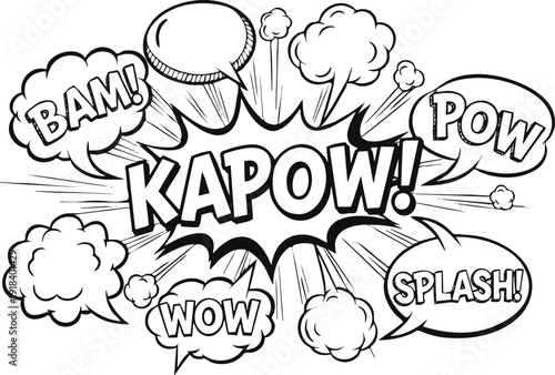 Comic Style Hand Drawn Sound Effect Words Explosion Speech Bubbles Set Featuring Kapow Bam Pow Wow Splash