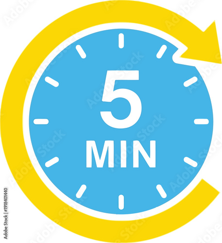Blue and yellow five minute timer icon symbol for countdown or duration tracking